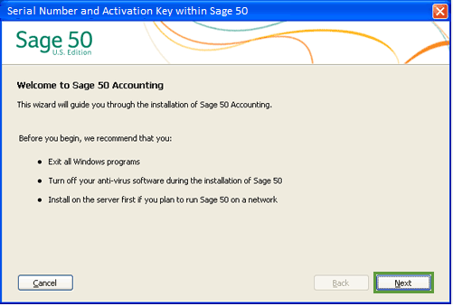 Serial Number and Activation Key within Sage 50